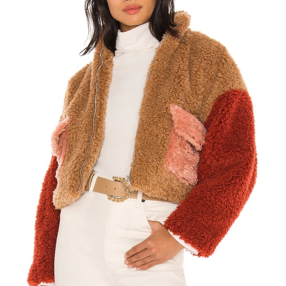 NEW Kendall Kylie Revolve Color Block Sherpa Knit Front Zip Utility Jacket Sz L